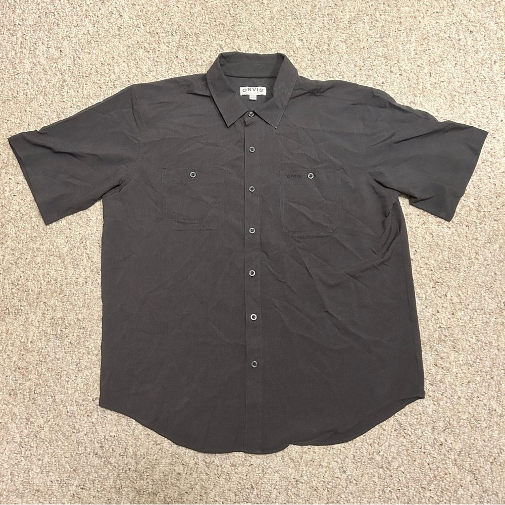 Orvis Shirt Mens XL Gray Short Sleeve Button Up Outdoor Fishing Leather Logo